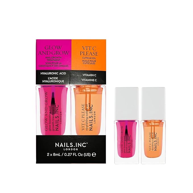 Nails Inc Mini Nail Treatment Duo, Glow & Grow Nail Growth Treatment, Vitamin C Nourishing Cuticle Oil, Strong Nails, Smooth Nails, Promote Nail Health, Ultra Glossy, Cruelty Free, Vegan, 2 Piece Set