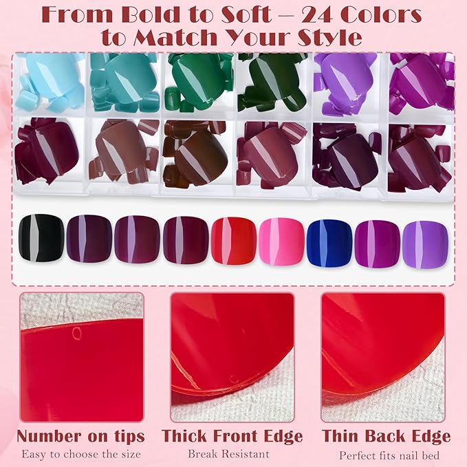 AddFavor Press on Toenails for Women, 576pcs Toe Nail Press ons Short Square Fake Toenails Acrylic Toe Nails Press on 24 Colors for Women