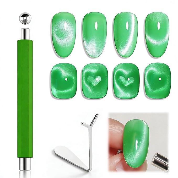 3-in-1 Cat Eye Nail Magnet Tool with Heart Magnet, Double-Ended Cylindrical & Ball Magnets for Cat Eye Gel Polish Glass Bead Nail Effects Manicure Supplies imanes para uñas (Green)