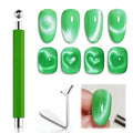 3-in-1 Cat Eye Nail Magnet Tool with Heart Magnet, Double-Ended Cylindrical & Ball Magnets for Cat Eye Gel Polish Glass Bead Nail Effects Manicure Supplies imanes para uñas (Green)