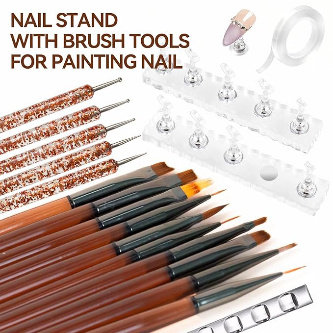 Nail Art Brushes Set with Nail Stand Holder for Press On & Painting Nails,Nail Dotting Tools with Sculpture Pen,Acrylic Nail Brushes for Gel Builder Extensions French Tip,Nail Art Tools Design