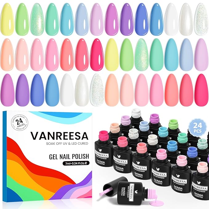 VANREESA 24 Pcs Gel Nail Polish Set -21 Colors Gel Polish with Base Coat Glossy & Matte Top Coat Yellow Green Blue Pink Purple Orange Pearl White Gel Polish Kit Nail Kit Gifts for Women Girls