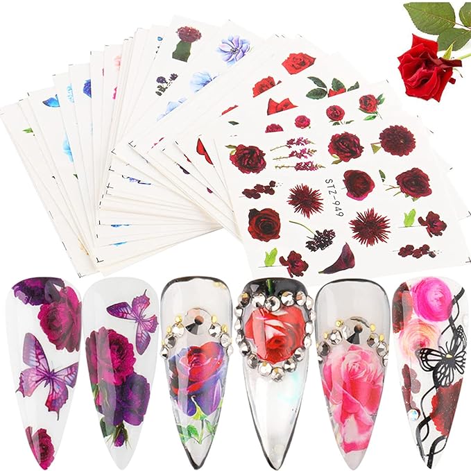 24 Sheets Flowers Nail Art Stickers Water Transfer Decals Floral Butterfly Rose Nail Art Design Nails Supplies for Women Girls Manicure Tips Decoration Holographic DIY Fingernail Charms Sticker