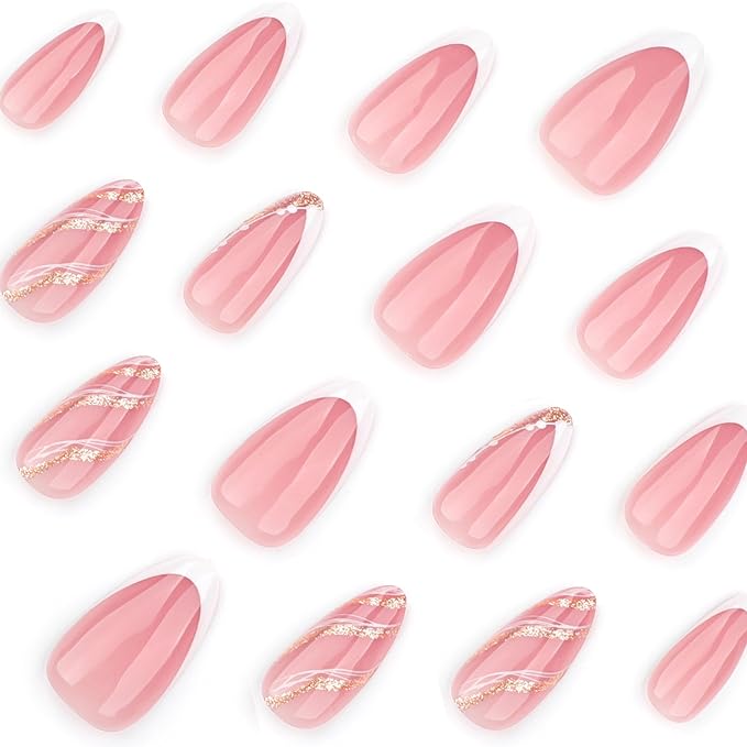 French Press On Nails Medium Short Almond, Nude Fake Nails with White French Tip and Minimalist Gold Line Design, Glossy Gel Finish Acrylic Nails, Natural Reusable Glue On Nails for Women, Luxe Line