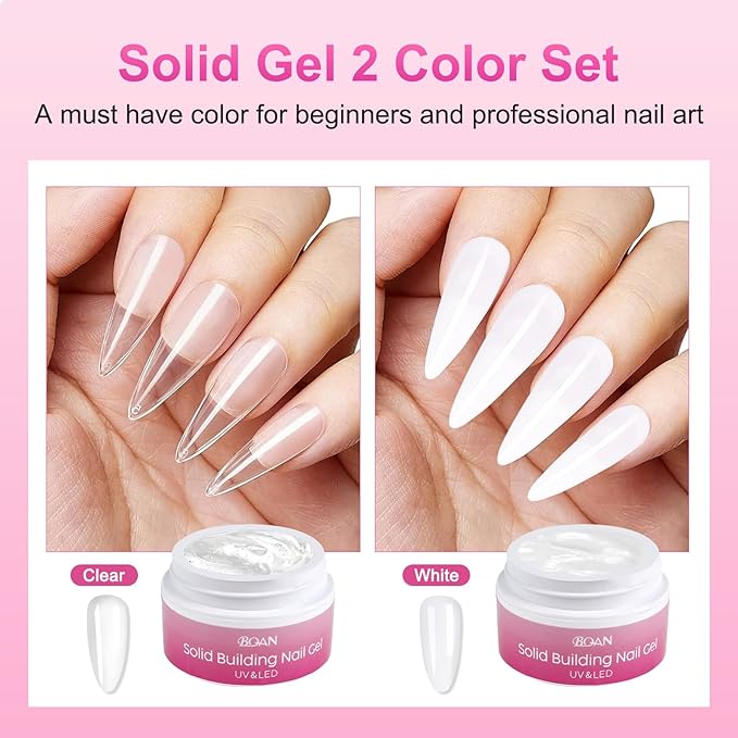 BQAN 3D Nail Art Gel Kit - 2Pcs 15g White & Clear Non-Sticky Hand Builder Sculpting Gel with Tools for Extensions, Carving & Molding | Professional Salon Quality for Techs & Beginner