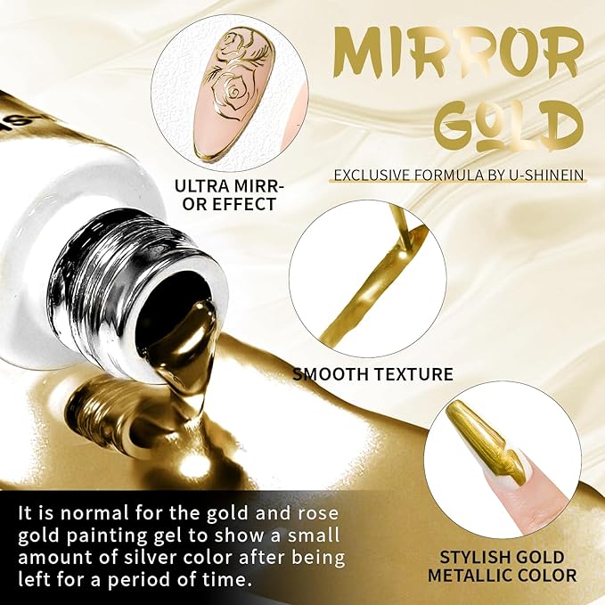 12ml Metallic Painting Gel Liner Nail Art 3D Mirror Chrome Effect Nail Polish Metal Painted Drawing Build in Thin Brush Soak Off UV/LED Gold Striper Gel for Salon Home DIY Manicure