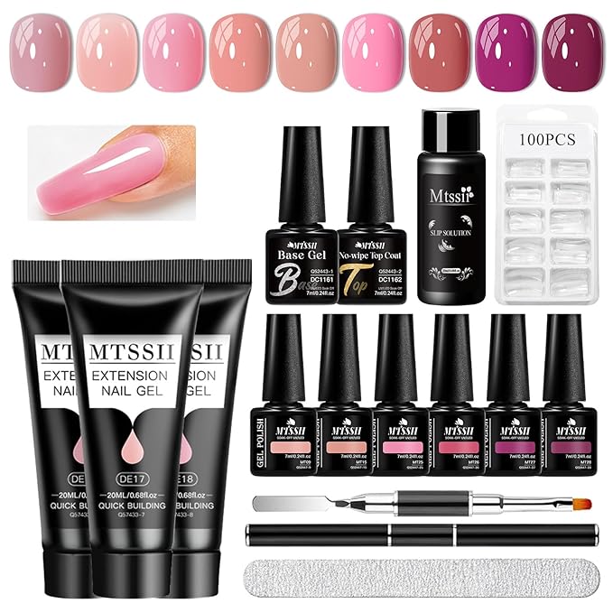 MTSSII Gel Nail Polish Set 6Pcs Gel Polish + 3Pcs Poly Nail Gel Set Nude Pink Purple Series Poly Extension Gel Nail Polish Manicure Salon at Home 15Pcs