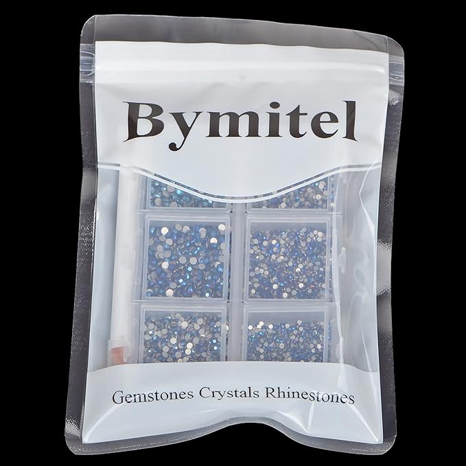 Bymitel 7200 Pieces 6 Mixed Sizes Glue Fix on Glass Rhinestones Round Crystal Gems Flatback for DIY Jewelry Making with one Picking Pen (6-Sizes 7200PCS, Mine Blue)