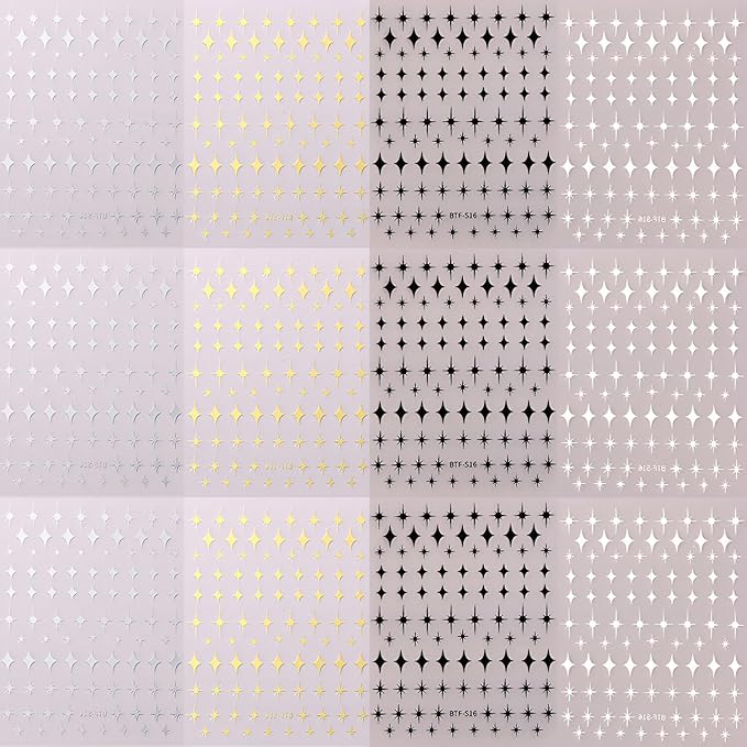12 Sheets Star Nail Art Stickers Decals Gold Silvery Nail Stickers Star Design 3D Self-Adhesive Nail Decals Black White Manicure Supplies for Holiday Nail Art Decorations