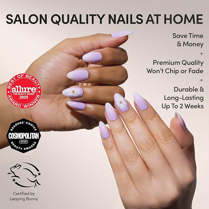 Glamnetic Press On Nails - Lilac Reef | Short Almond Purple Fake Nails with Flower Accents, Salon Quality Summer Nails | 15 Sizes - 30 Nail Kit with Glue