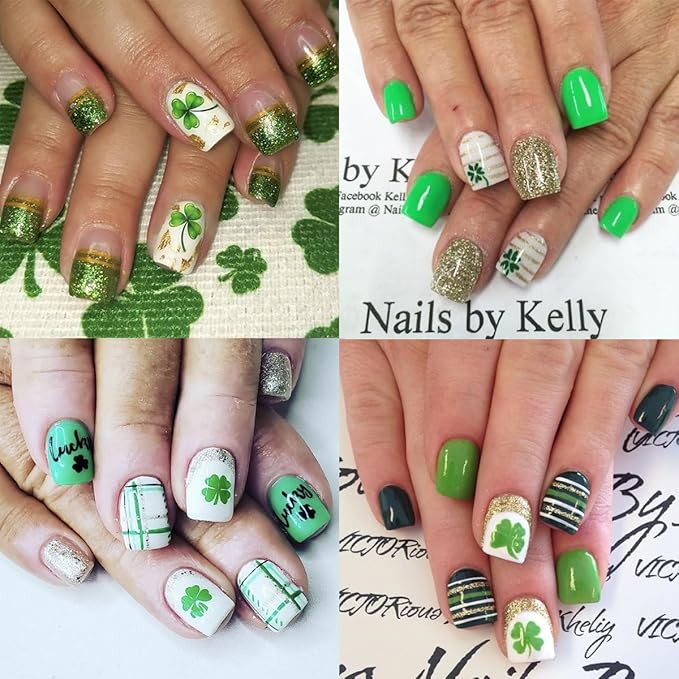 Green Shamrock Nail Art Stickers Decals 3D Self Adhesive St. Patrick's Day Nail Stickers Lucky Clover Design Spring Nail Decals Cute Heart Nail Supplies Shamrock Decoration for Women Manicure 8Pcs