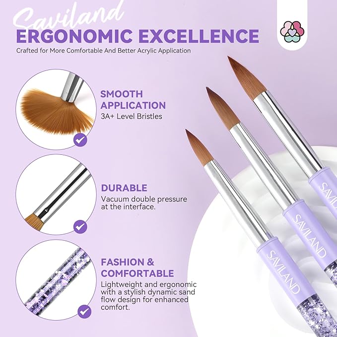 SAVILAND Acrylic Nail Brush Set: 6PCS Brushes for Acrylic Powder Application, Nail Art Extension, 3D Carving, Home Salon