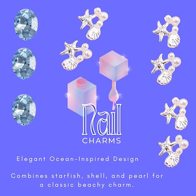 Ocean Nail Charms Gem Kit for Nail Techs – Mermaid Style 3D Nail Art Decorations with Starfish, Shells, Pearls – Professional Nail Supplies for Acrylic & Gel Designs