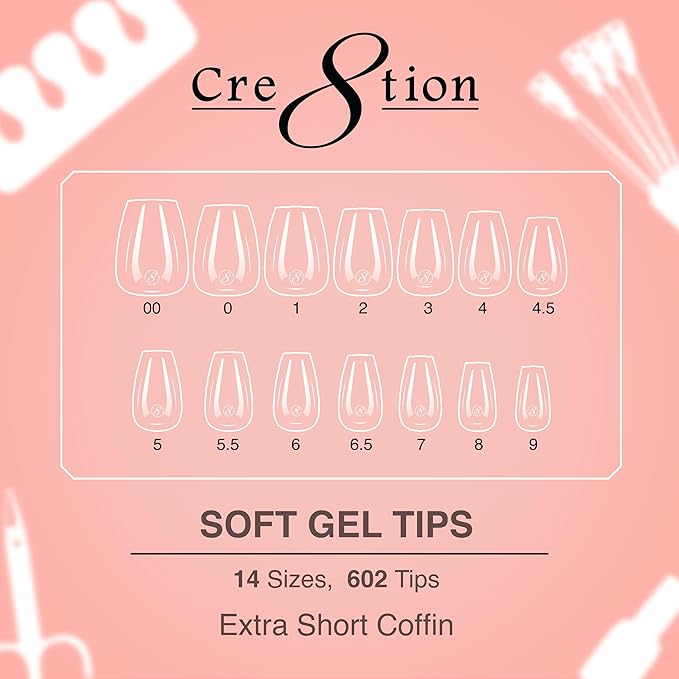 Cre8tion Soft Gel Nail Tips, Long Almond Shape, 602 Tips in 14 Sizes (00-9) for Professional Nail Extensions