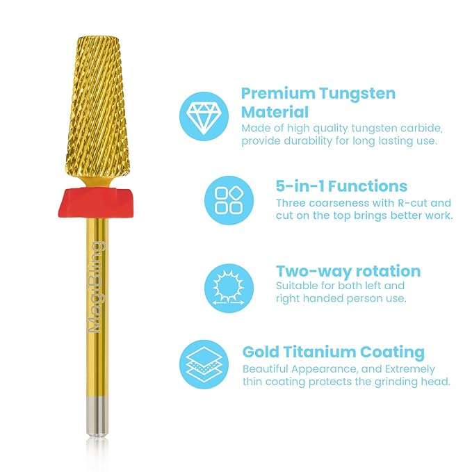 6.6mm Large Tapered Barrel 5-in-1 Nail Drill Bit, 3/32" Cross-Cut Safety Tungsten Carbide Efile Bit for Fast Gel & Acrylic Removal, Two-Way Rotation, Nail Tech & Beginner Bit, Titanium, Fine