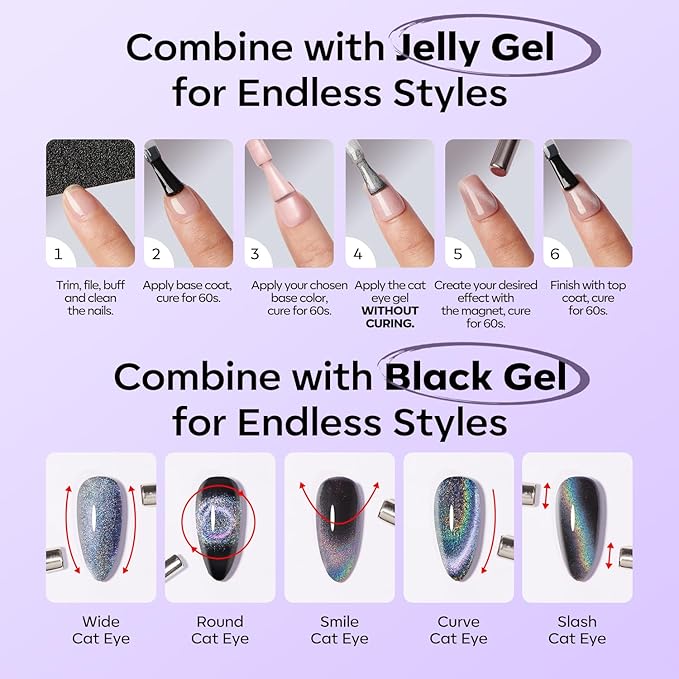 modelones Purple Cat Eye Gel Nail Polish Grey Purple Shimmer 9D Magnetic Cateye Gel Nail Polish UV LED Soak Off Nail Manicure 15ML