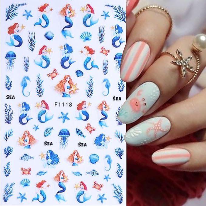 Marine Life Nail Art Stickers -3D Cute Mermaid Nail Decals Self Adhesive Small Whale Nail Stickers with Little Fish Jellyfish Designs Nail Decal Summer Nail Supplies for Women DIY Manicure Decoration
