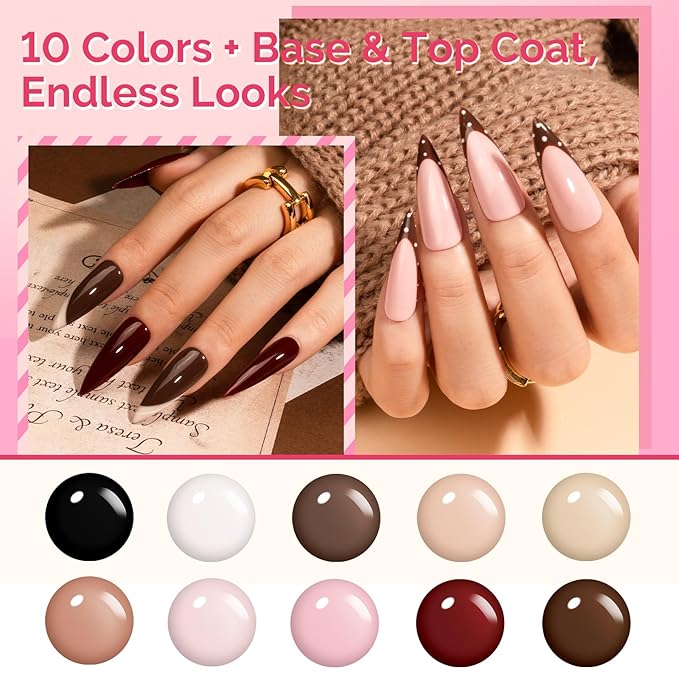 MelodySusie Highly Pigmented Gel Nail Polish Set with Mini UV Light, Plant-Based Formula, 10 Nude Colors + 2 Glassy Top & Base Coat, 16.5ml Tilt-and-Stand Bottle, Gift for Nail Art at Home