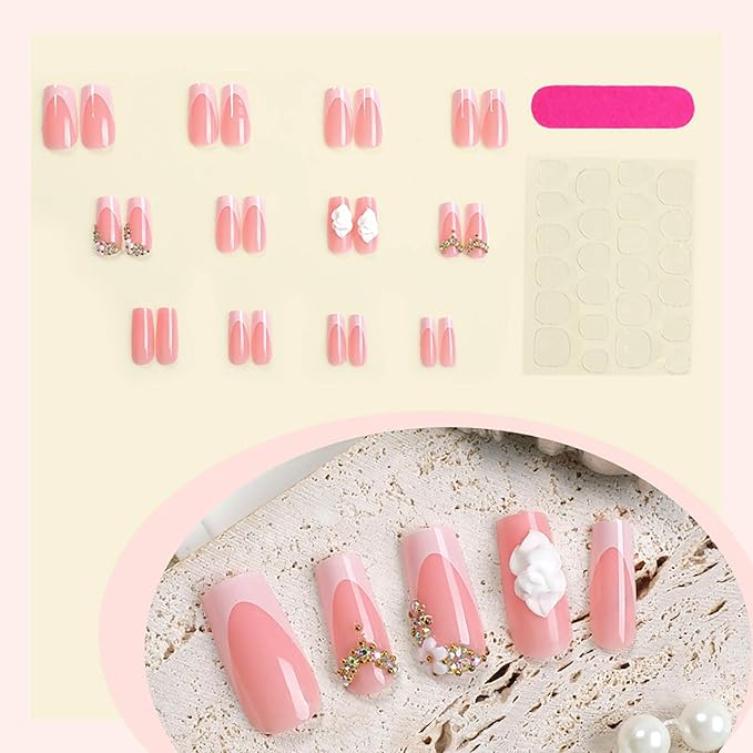 Coffin Press on Nails Long Square Fake Nails Pink French Tip Acrylic Nails with Cute Flower and Rhinestones Designs False Nails Glossy Glue on Nail Full Cover Artificial Nail for Women Girls 24Pcs