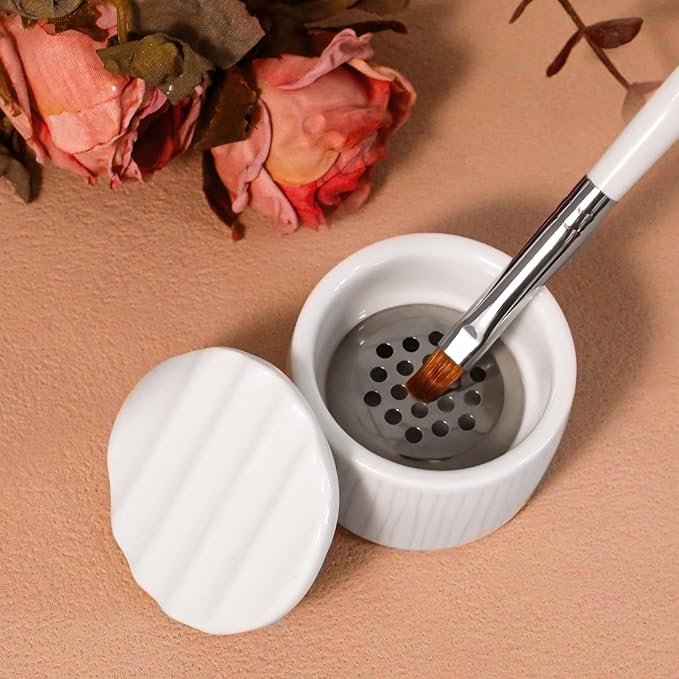 Nail Brushes Washing Cup, Ceramic Dampen Dish with Lid for Nails Monomer, Acrylic Brush Cleaner & Nail Brush Holder