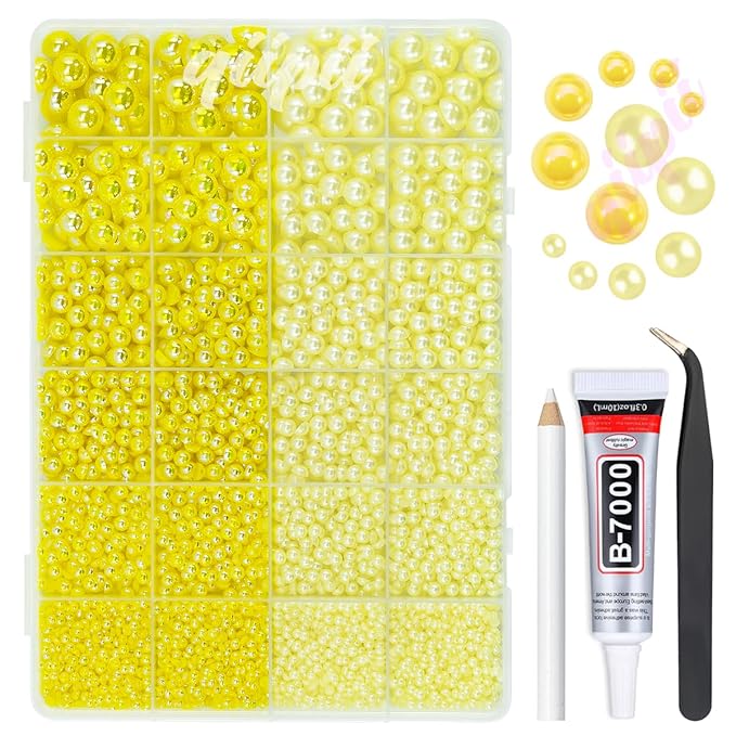 2 Styles Lemon Yellow Flatback Pearls for Bedazzling Crafting 3mm-10mm Half Round Pearls Beads Gems Bedazzler Kit Charms for Nails Face Eyes Makeup Tumblers Bottles DIY Crafts Shoes Beauty Deco