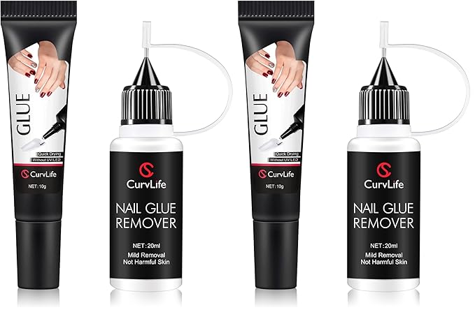 Curvlife 10g Semi-Solid Glue and 20ml Pinpoint Glue Remover Kit - Gel for Press on Nails, Quick Dry No UV Lamp Needed with Gentle Non-Acetone Remover, Fake Nail Tips (Pack of 2)