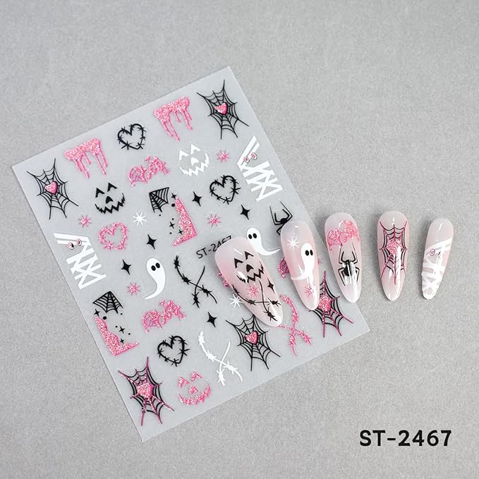 6 Sheets Halloween Nail Stickers Decals Pink Glitter Pumpkin Blood Drop Nail Sticker Black Spider Web Bat Nails Decals Self-Adhesive White Ghost Skull Nails Art Sticker Decal for Women Halloween Decor
