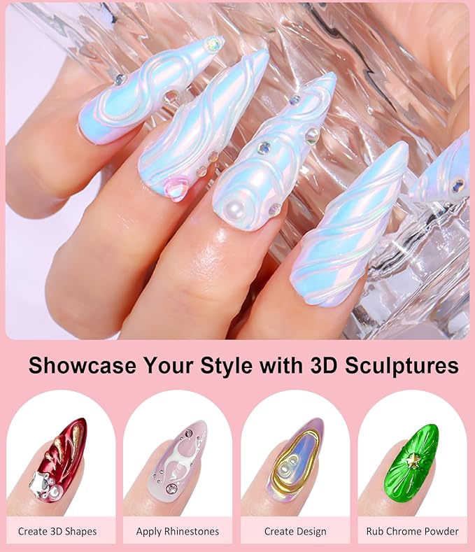 3D Nail Gel and Chrome Nail Powder 15g No Wipe Clear 3D Sculpting Gel for Nail Art Non-Sticky Hand Hard Gel Carving Gel with Red Green Chrome Powder for Gel Nail Art Decoration Home DIY