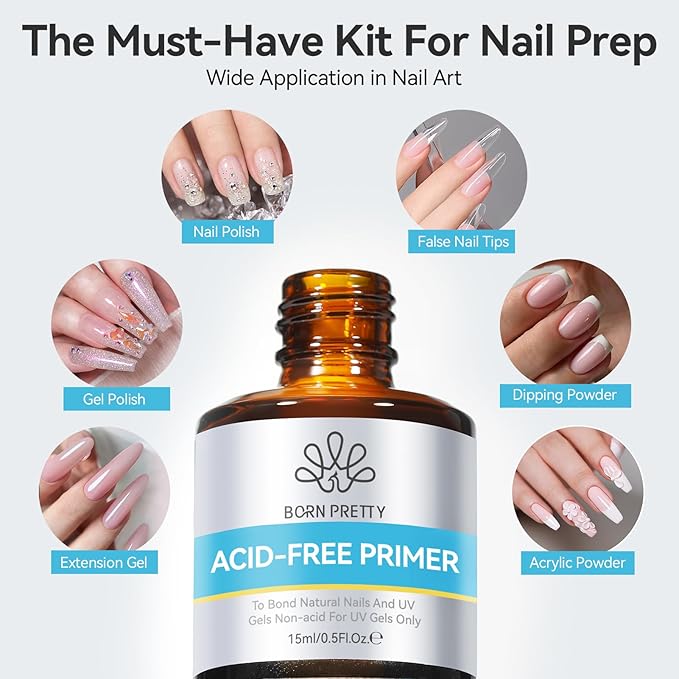 BORN PRETTY 15ml Nail Prep Dehydrate & Bond Nail-Primer Set,Natural Acid-Free Formula for Acrylic & Gel Polish,Superior Adhesion with Fast-Dry Gift Box Professional Salons Set