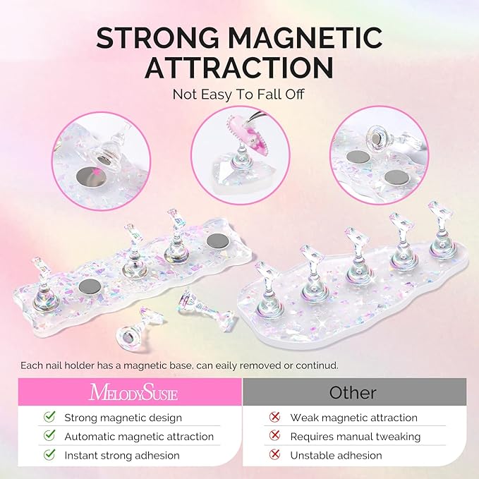 MelodySusie Nail Stand for Press Ons, 3 PCS Shiny Magnetic Bases Sets for Practice Painting Display with Brush Holder and 100 Pcs Reusable Double-Sided Tape for Home DIY Salon Supplies