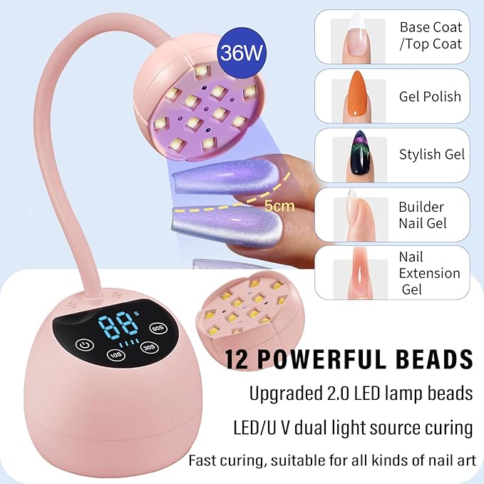 U V LED Nail Lamp, 36W Mini Cordless Gel x Nail Lamp Flash Cure, Auto Sensor Gooseneck Portable USB Gel Nail Dryer U V Light with 3 Timers and LCD Display for Home DIY, ML-10007