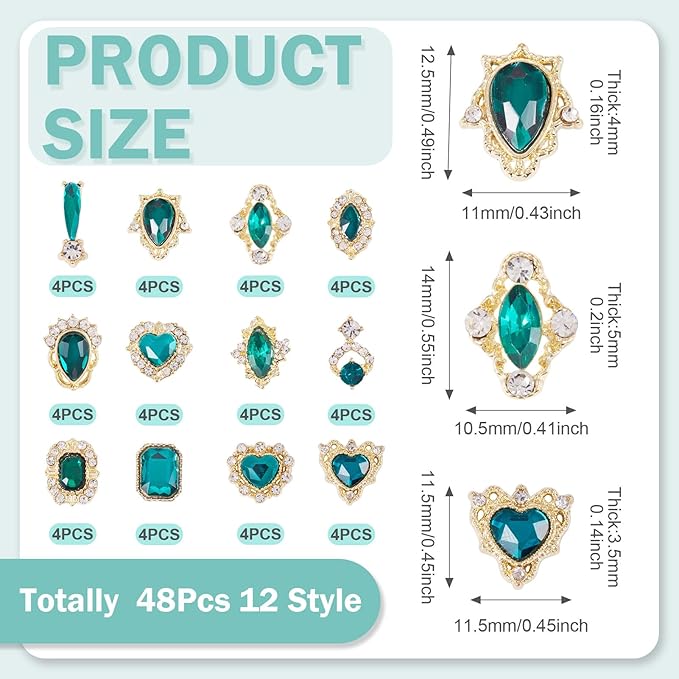 KISSITTY 48pcs Nail Art Rhinestones Flat Back Rhinestone Crystal Cabochons Green Color Heart Teardrop Rectangle Shape Small Embellishments for Nail Art Craft Decoration Jewelry Making