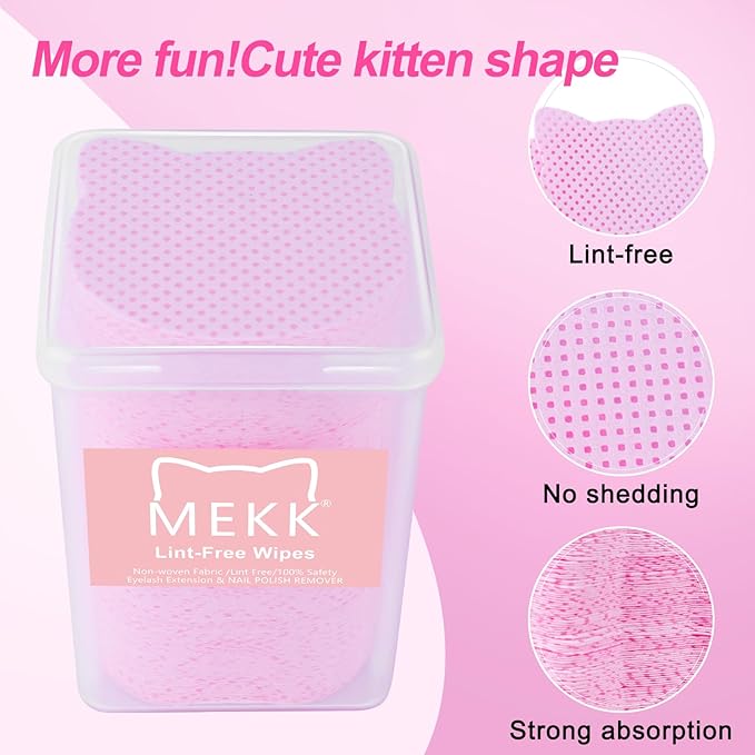 MEKK Lint Free Nail Wipes, 400PCS Pink Cat Shape Nail Polish Remover Wipes, Soft Non-Woven Fabric, Super Absorbent, Cleaning Pad Cloth for Lash Extension & Nail Polish Bottle