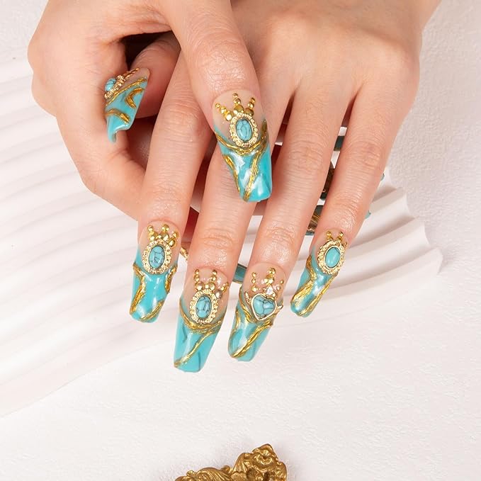LOVFUL Press on Nails Turquoise Blue French Tip | Handmade with Full Covered Crystals | Reusable Full Cover Nails | Coffin Classic Regular 1.3 in | H122-S