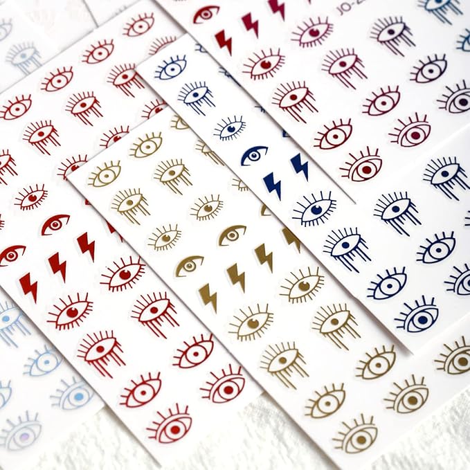 12 Colors Evil Eyes Nail Art Stickers, 3D Funny Eye Self-Adhesive Sticker Design, Laser Gold Silver Red Black White Pink Yellow Green Eyes Nail Transfer Decals for Women Manicure Decorations
