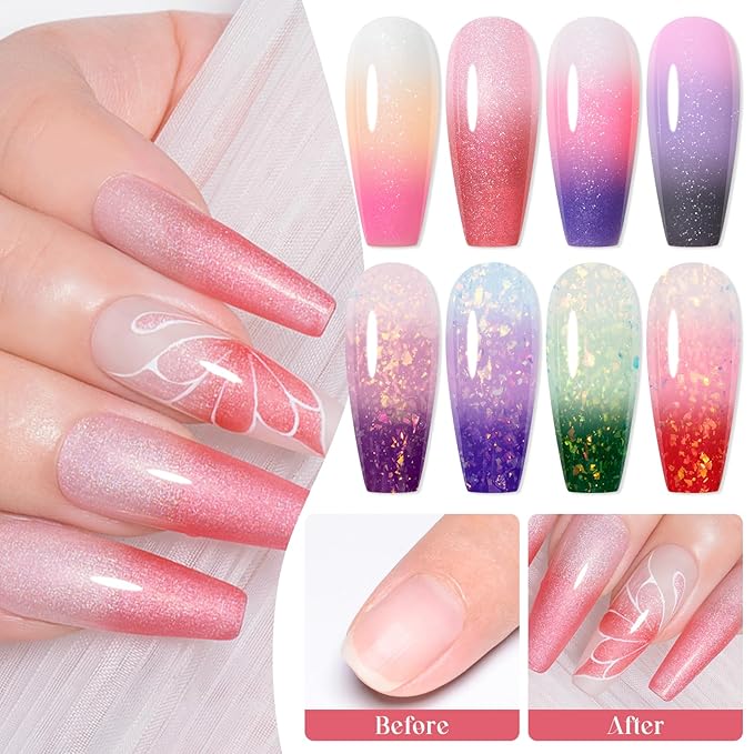 MEET ACROSS 8 Colors Color Changing Gel Nail Polish Set Glitter Pink Purple Temperature Mood Changed Gel Polish Kit Soak Off UV/LED Nail Art Manicure Gifts for Women Girls