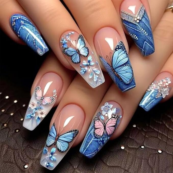 Butterfly Press on Nails Coffin Long Fake Nails With Blue Pink Butterfly Designs Blue French Tip Nails Press ons Acrylic Pink Full Cover Glue Stick on Nails for Women 24 Pcs