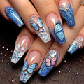 Butterfly Press on Nails Coffin Long Fake Nails With Blue Pink Butterfly Designs Blue French Tip Nails Press ons Acrylic Pink Full Cover Glue Stick on Nails for Women 24 Pcs