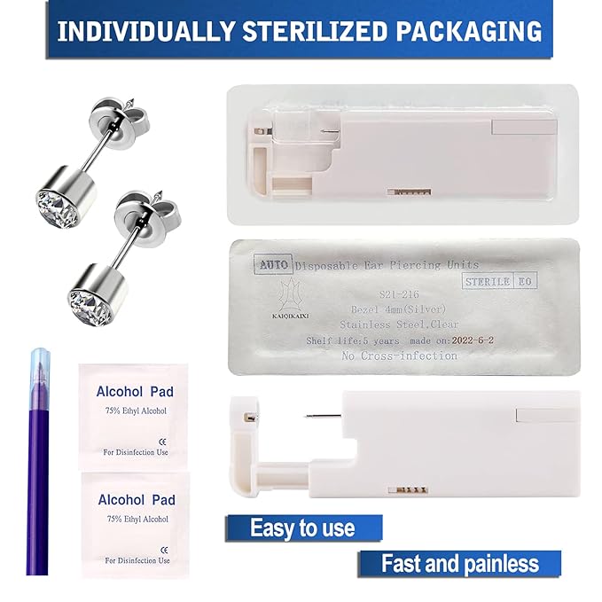 2Pcs Ear Piercing Kit Automatic and Painless Ear Nail Gun Disposable Aseptic Household Ear Piercing Gun Portable Ear Piercing Gun Group Ear Piercing Tools (3mm, Silver)