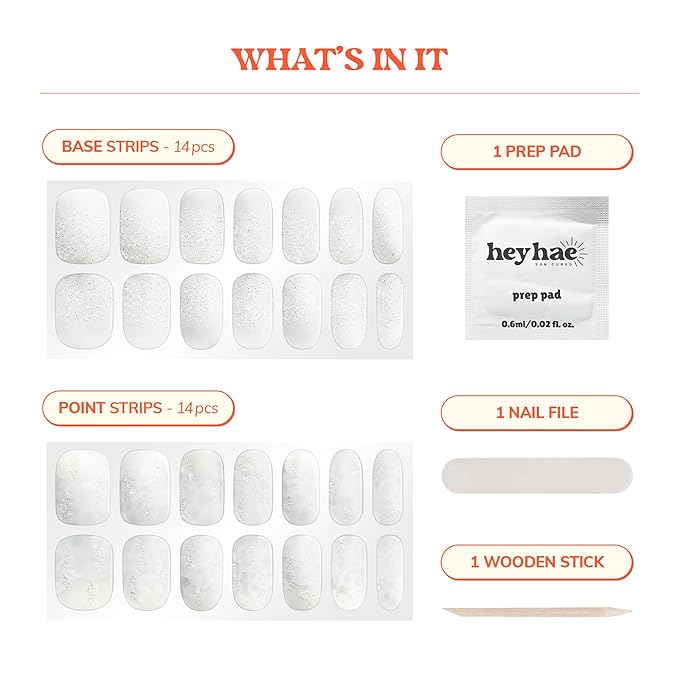 Heyhae Semi Cured Gel Nail Strips | No LED Lamp Needed | Glitter, White, Spring | Easy Apply & Remove, Salon Quality | Includes 28 Strips, 1 Prep Pads, Nail File & Wooden Stick - Hey, Call Me