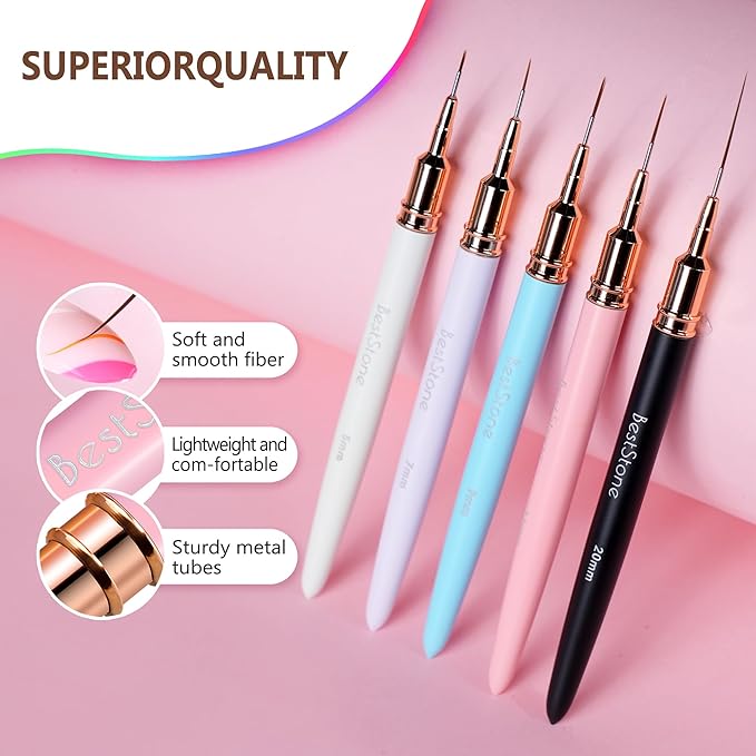 Metallic Nail Art Liner Brushes, 6Pcs Professional Gel Polish Painting Art Design Pen Set for Long Lines, Thin Details, Fine Drawing Sizes 5/7/9/11/20/25mm Nail Art Design Gift for Women(silver)