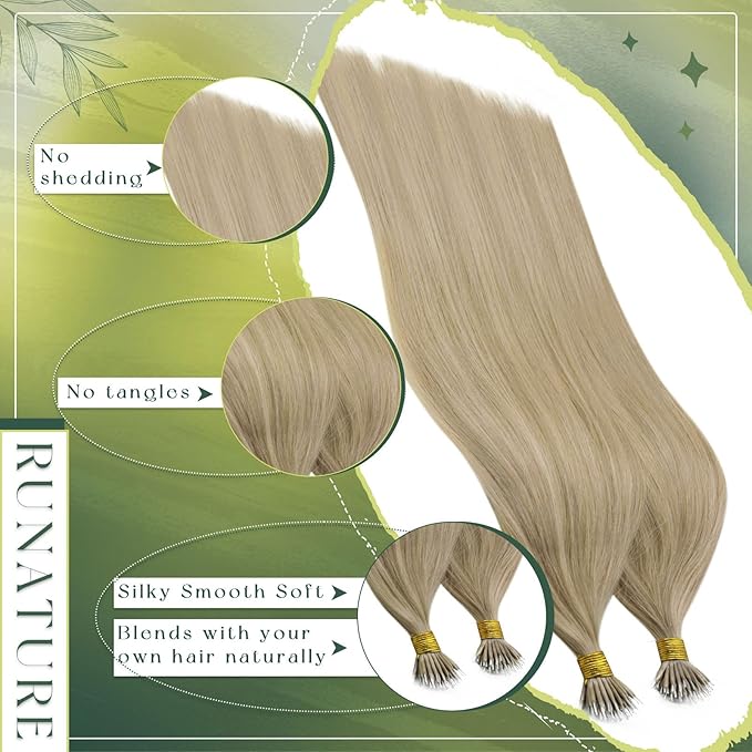 RUNATURE 22 Inch Nano Bead Hair Extensions Human Hair Blonde Highlight, Invisible Nano Tip Hair Extensions for Women, Cold Fusion, Natural Blending, 50G 50S #16P22