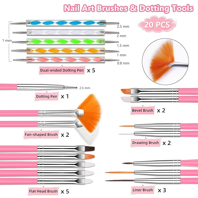 20 Nail Art Brushes Kit with Striping Tapes, Rhinestones, Pearls, Butterfly Sequins, Flower Charms & Stickers for Nails DIY Manicure Gifts (Pink)