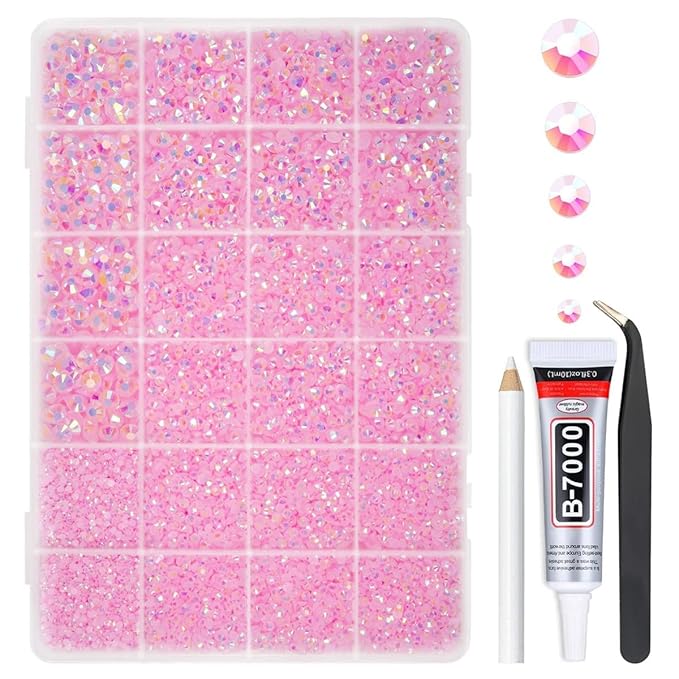 Light Pink AB Resin Rhinestones w B7000 Glue for Bedazzling Crafting 2mm-6mm Flatback Jelly Stones Diamonds Gems Bedazzler Kit Charms for Nails Face Eyes Makeup Tumblers Bottles Crafts Shoes