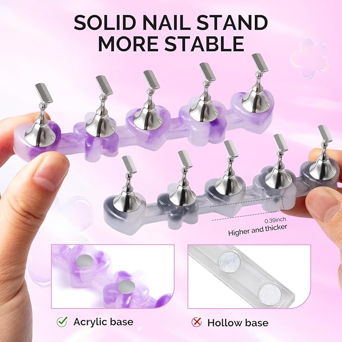 MelodySusie Nail Stand for Press Ons, Flower and Heart Magnetic Base for Painting Display with Acrylic Brush Holder and 100 Pcs Reusable Double-Sided Tape for Home DIY Salon Supplies, Purple and Gray