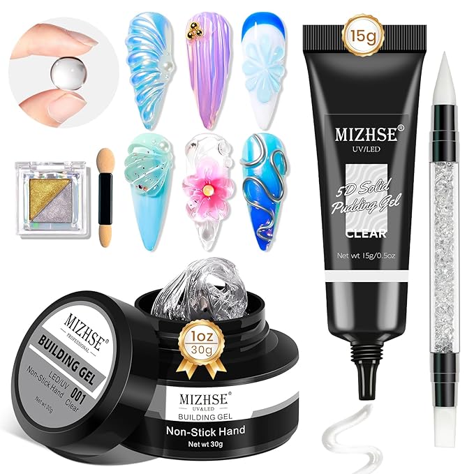 MIZHSE 30g Solid Builder Gel for Nails and 15g 3D Nail Gel, Clear Hard Sculpting Gels for Nails Art Soak Off U V LED Builder Gels for Salon Home DIY Woman