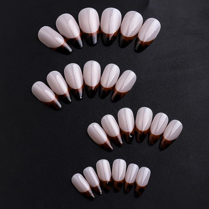 Fall Press on Nails Medium Almond MABKJLF French Tip Fake Nails False Nails with Leopard Print Designs Glossy Glue on Nail Autumn Full Cover Acrylic Nails for Women Girls 24Pcs