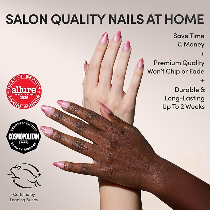 Valentines Day Glamnetic Press On Nails - Faded Feelings | Short Almond Fake Nails with Pink Velvet Ombre Tips in a Velvet & Glossy Finish, Salon Quality | 15 Sizes - 30 Nail Kit with Glue