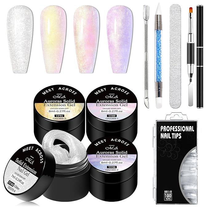 MEET ACROSS 9Pcs 3D Builder Gel Kit for Nail Art Aurora Pink Non Sticky Hand Carving Extension Solid Builder Gel for Nails with Silicone Pen Manicure Kit 4 Colors
