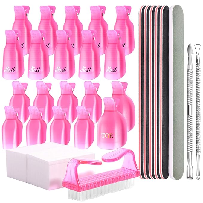 Teenitor Nail Polish Gel Remover Tool Kit, with Soak Off Clips, Cuticle Pusher Peeler Scraper, Remove Pads, Nail Files Buffer Block, Nail Brush Pink